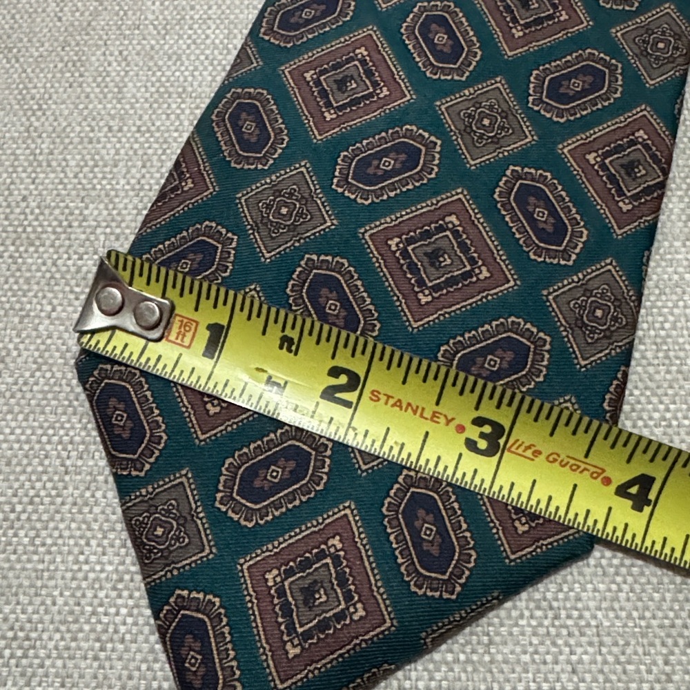EUC Liberty of London Silk Tie-Teal/Brown Geo Print - Picture 5 of 8